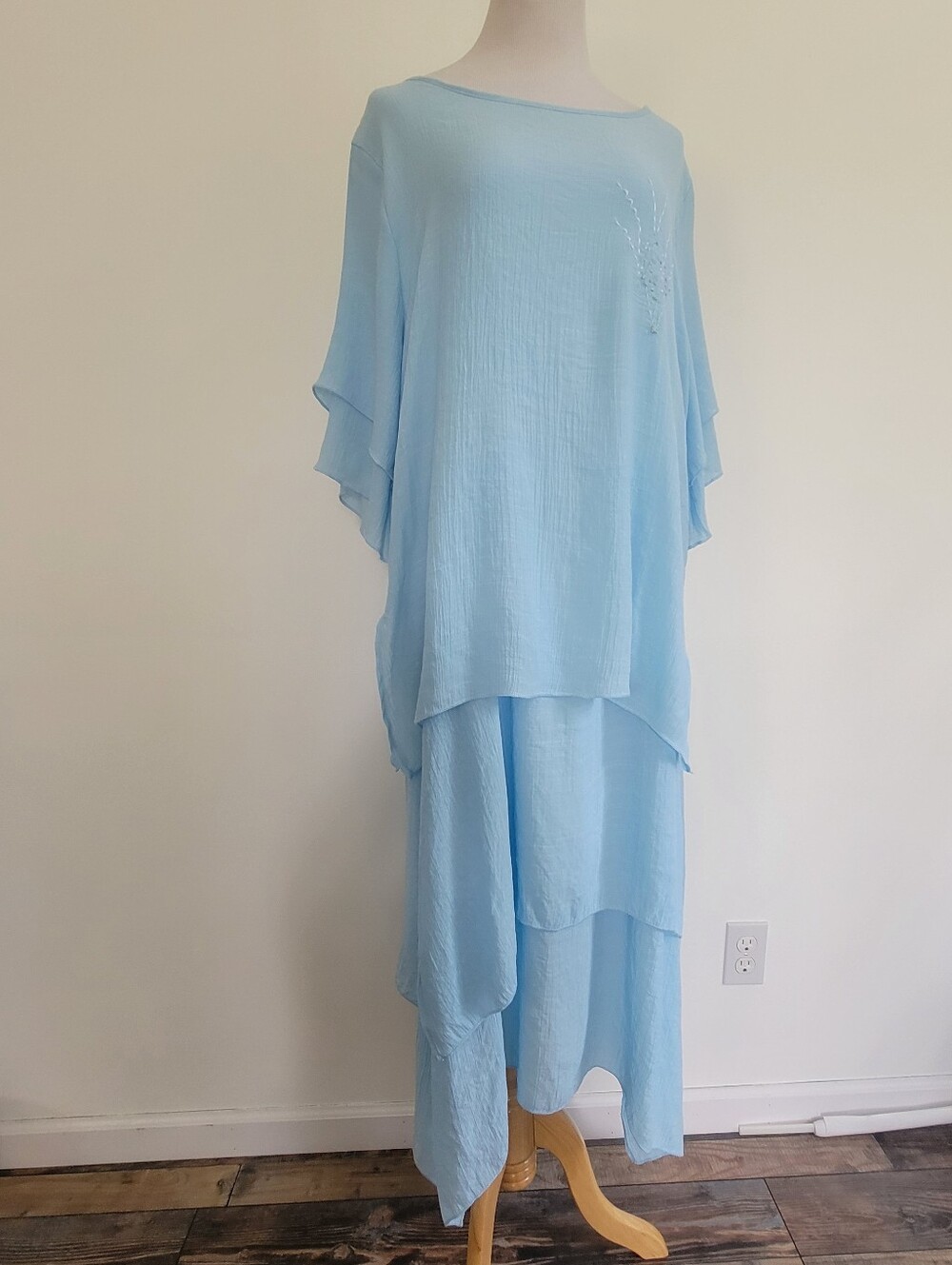 Women’s Dress Blue Tiered Ruffle Maxi Sundress Size 2XL Short Sleeve Round Neck